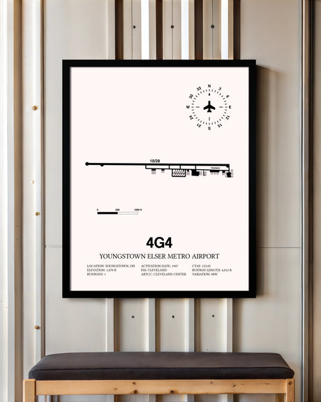 Youngstown Elser Metro Airport framed poster displayed in an airplane hangar