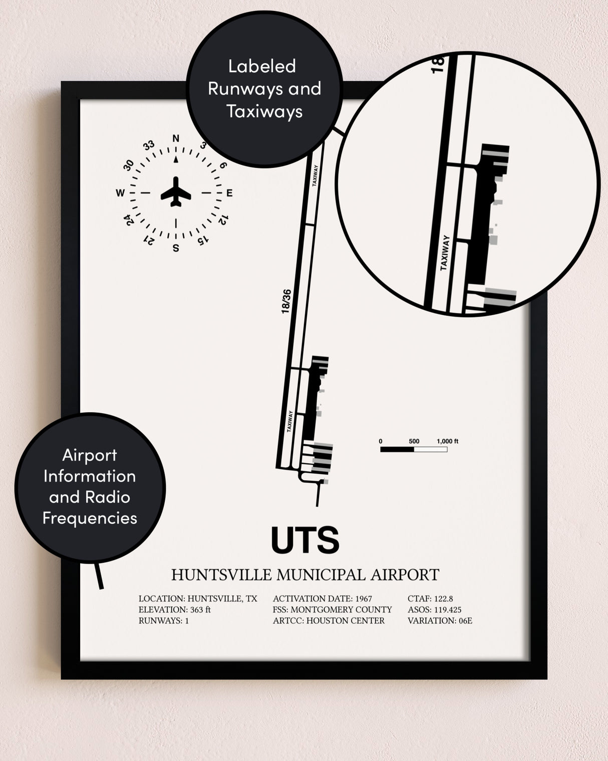 Framed Huntsville Municipal Airport layout wall art poster