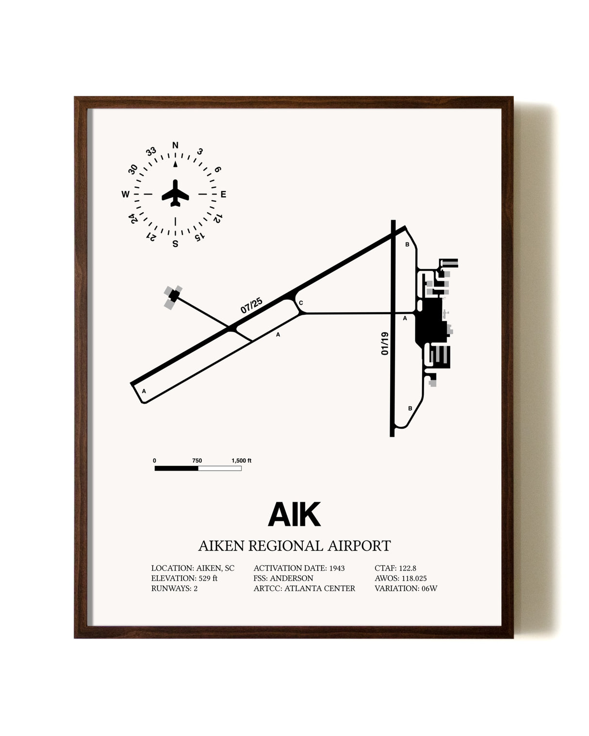 Aiken Regional Airport aviation print in walnut frame