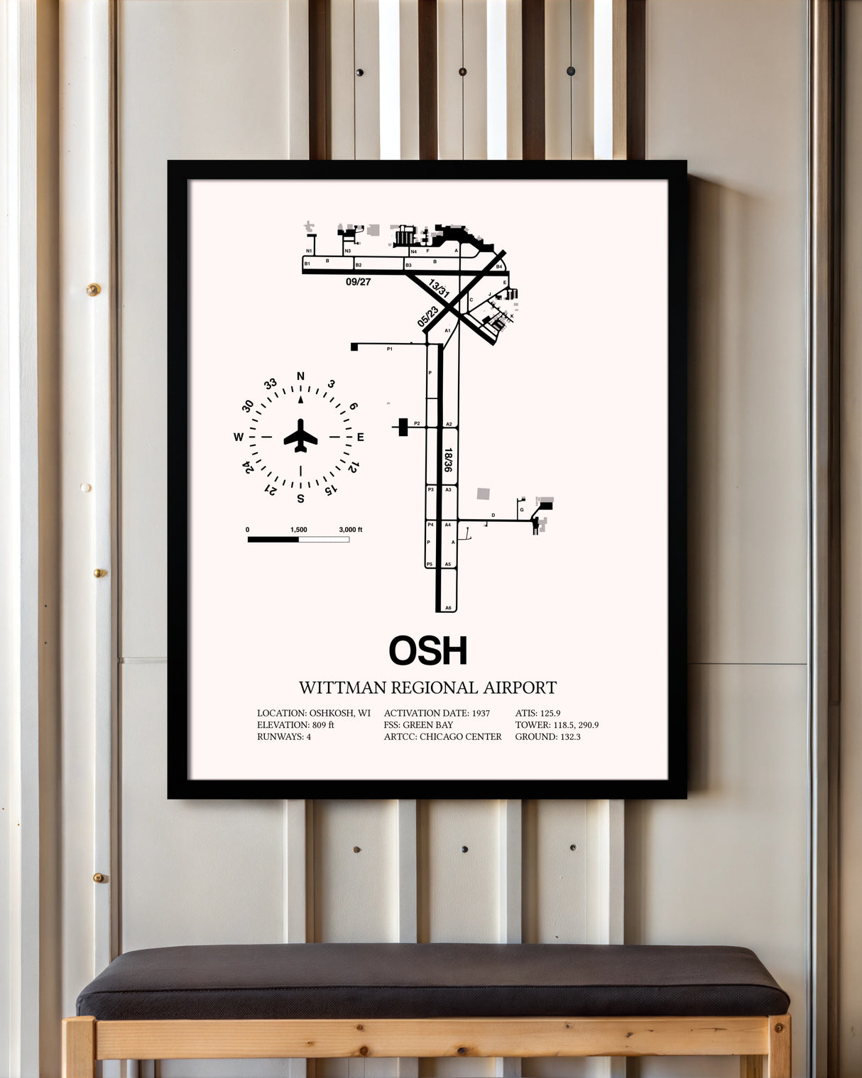 Wittman Regional Airport framed poster displayed in an airplane hangar