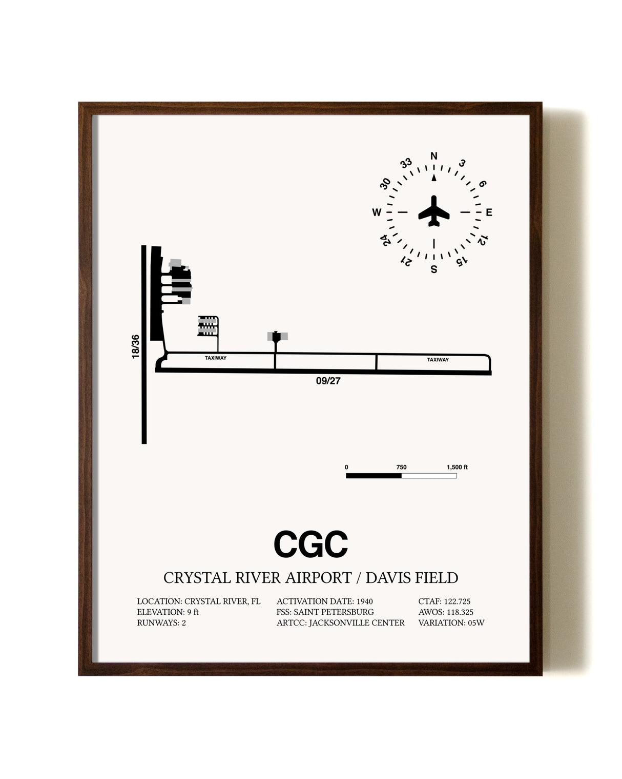 Crystal River Airport / Davis Field aviation print in walnut frame