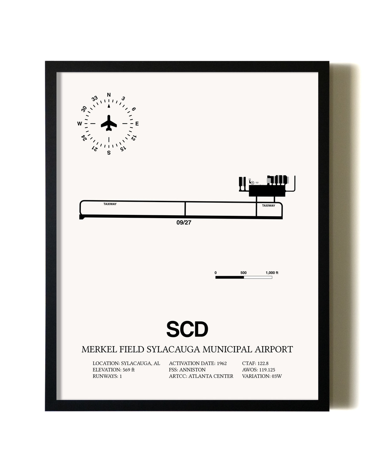 Framed Merkel Field Sylacauga Municipal Airport wall art poster in black frame