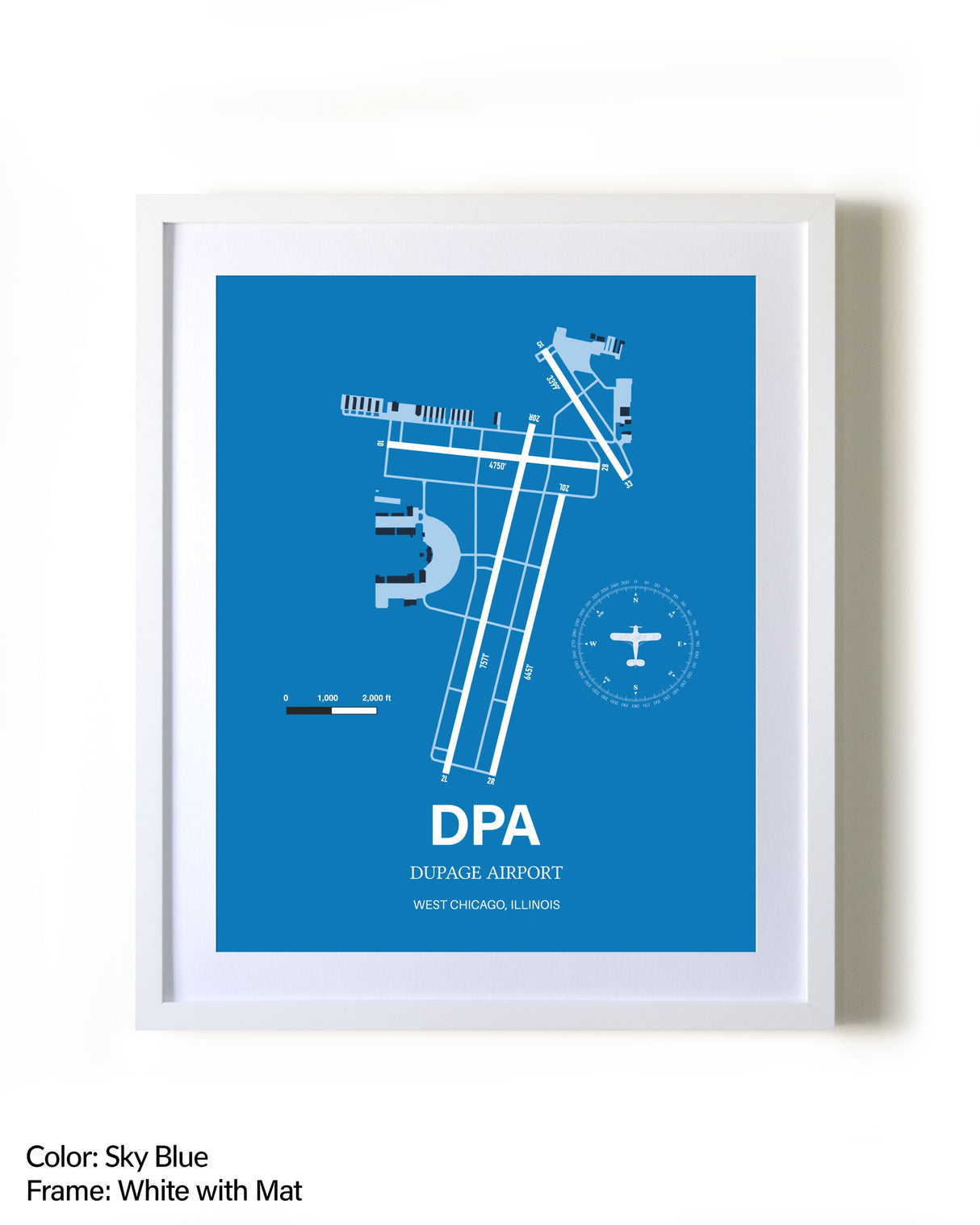 DuPage Airport framed wall art in white frame with mat