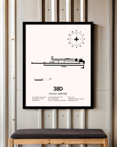 Salem Airpark framed poster displayed in an airplane hangar