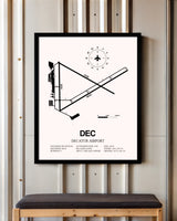 Decatur Airport framed poster displayed in an airplane hangar