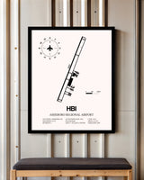 Asheboro Regional Airport framed poster displayed in an airplane hangar