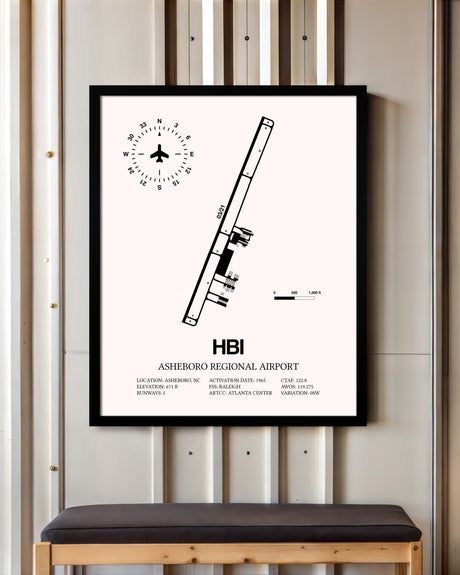 Asheboro Regional Airport framed poster displayed in an airplane hangar