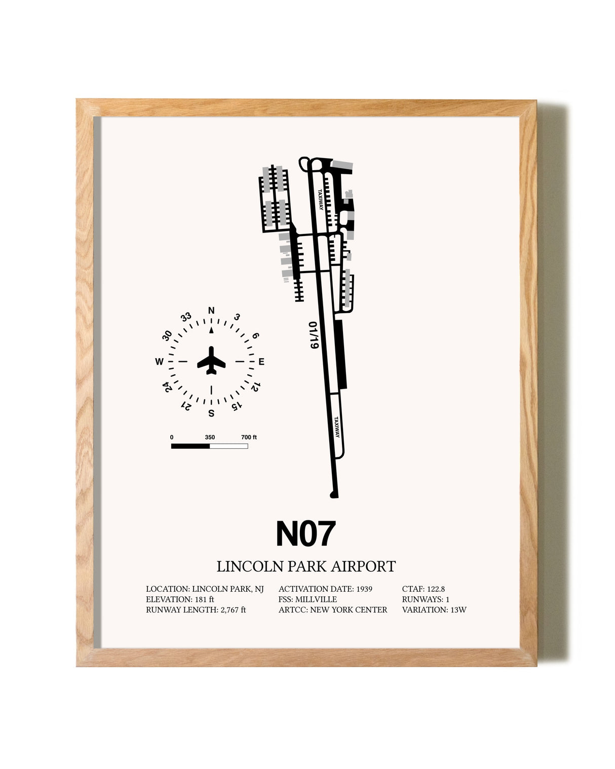 Lincoln Park Airport framed print in natural wood frame