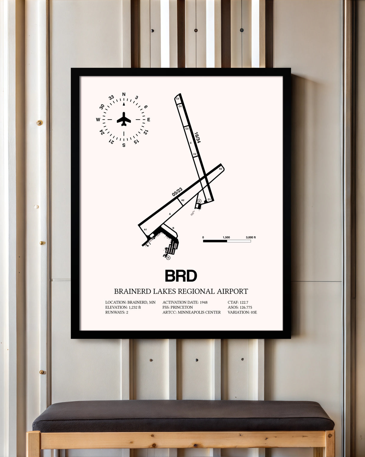 Brainerd Lakes Regional Airport framed poster displayed in an airplane hangar