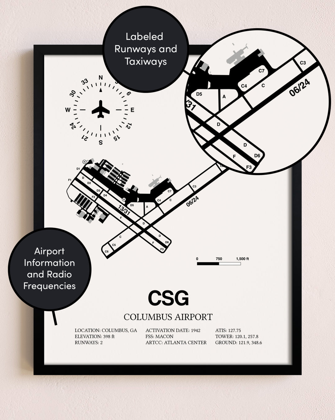 Framed Columbus Airport layout wall art poster