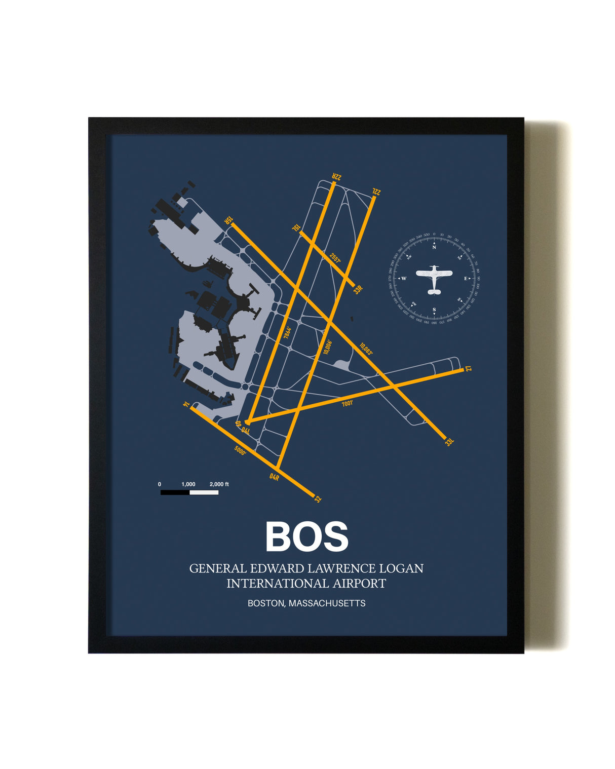 Blue and Yellow Framed Boston Logan International Airport wall art poster in black frame