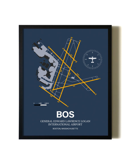 Blue and Yellow Framed Boston Logan International Airport wall art poster in black frame