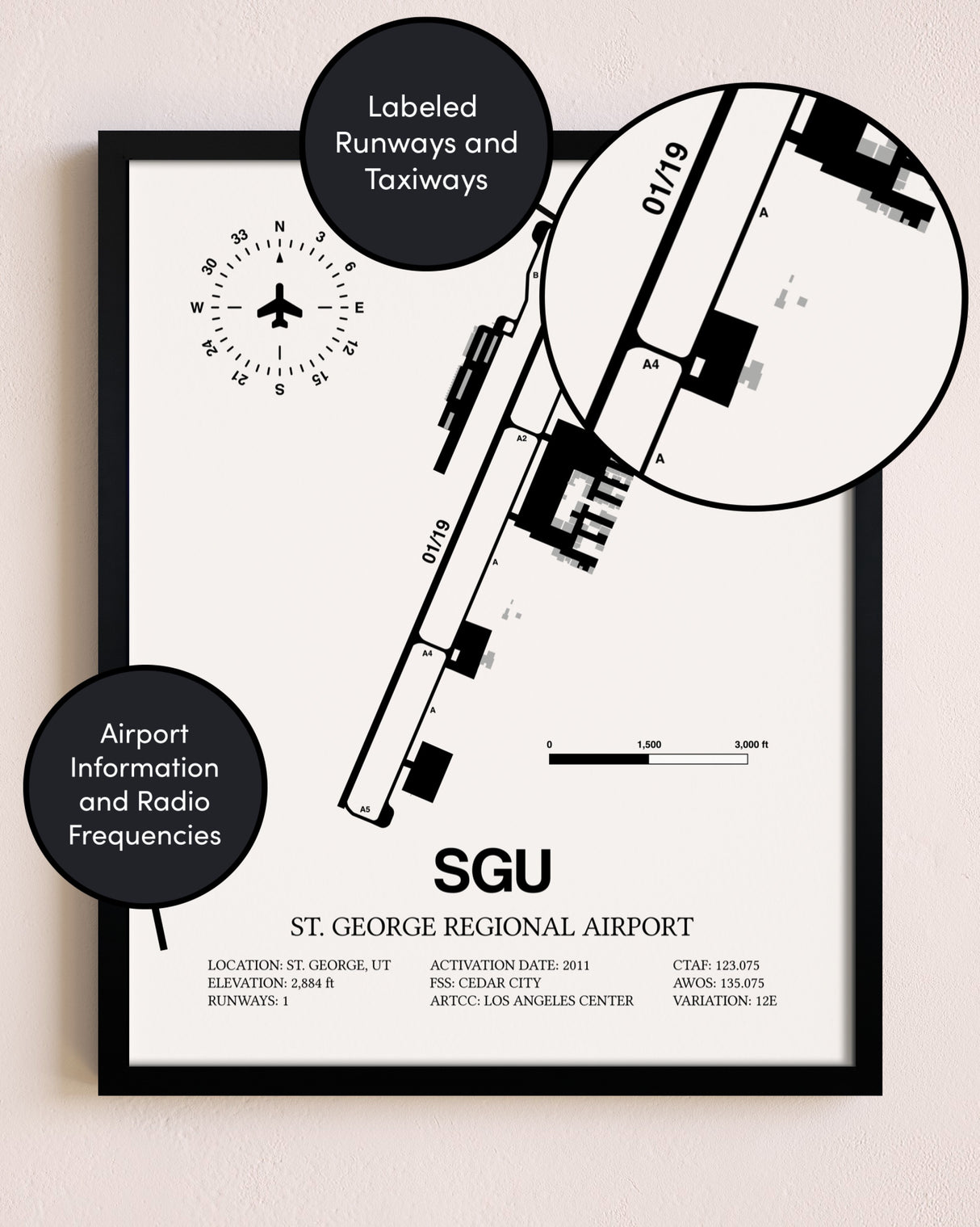 Framed St. George Regional Airport layout wall art poster