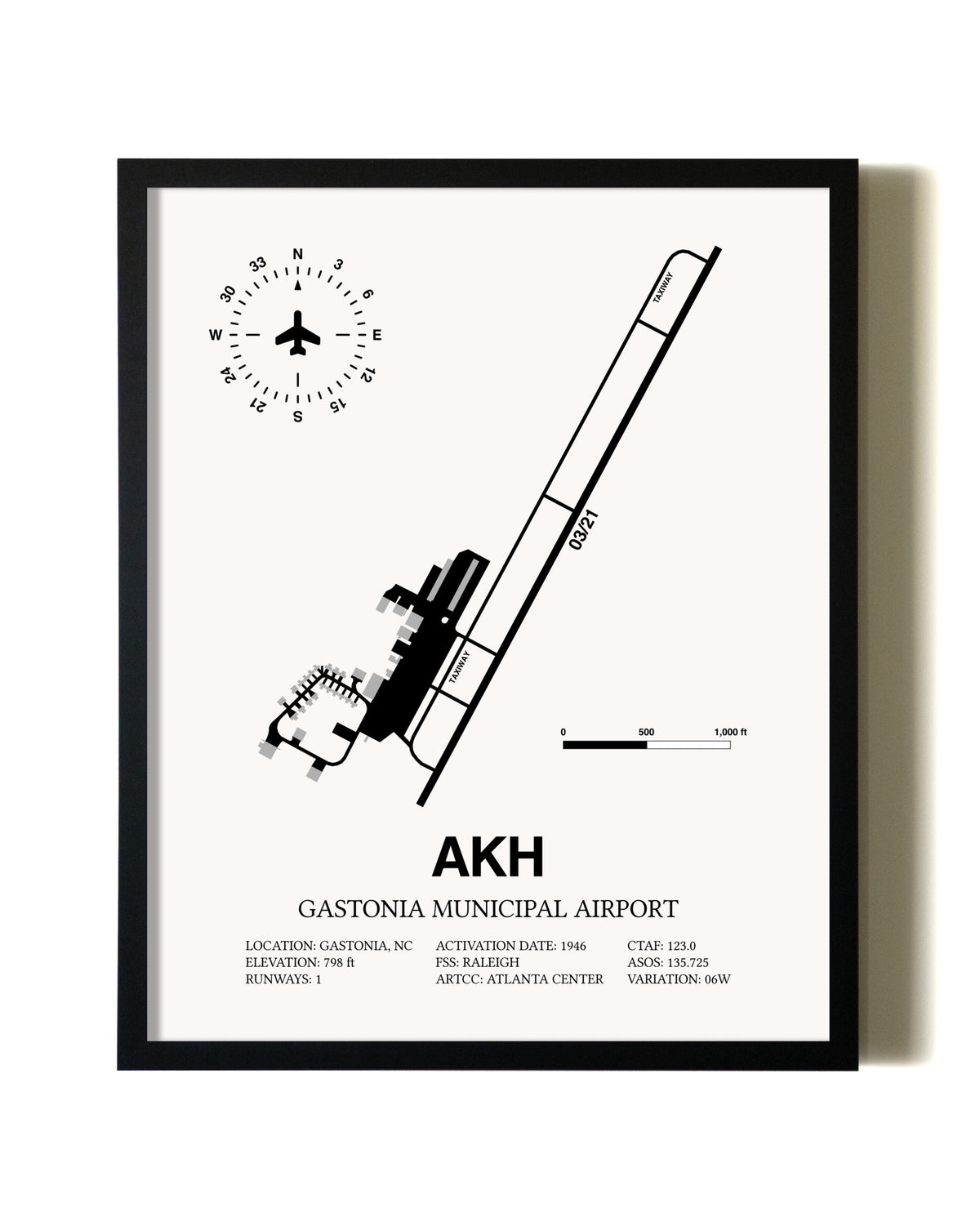 Framed Gastonia Municipal Airport wall art poster in black frame
