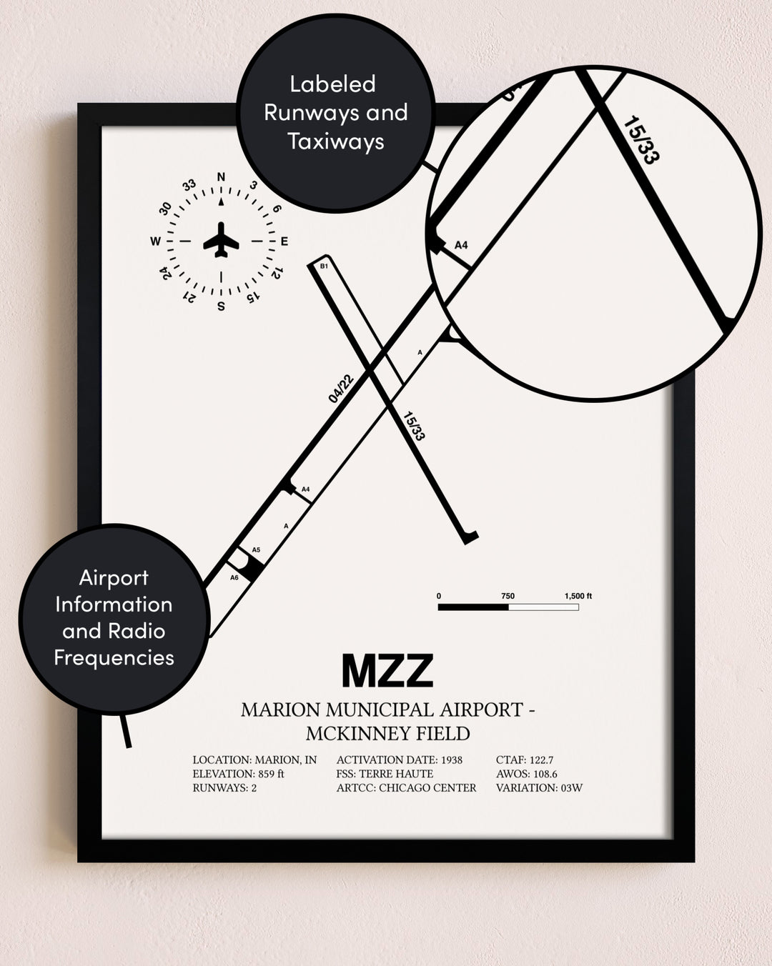Framed Marion Municipal Airport-McKinney Field layout wall art poster