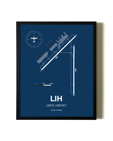 Aviation Blue Framed Lihue Airport layout wall art poster