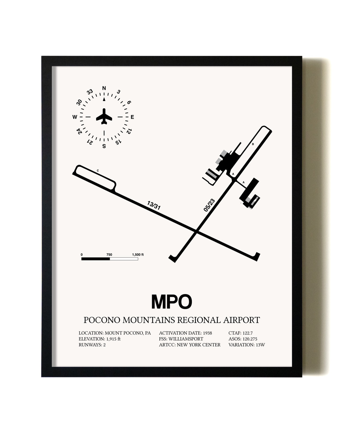 Framed Pocono Mountains Regional Airport wall art poster in black frame