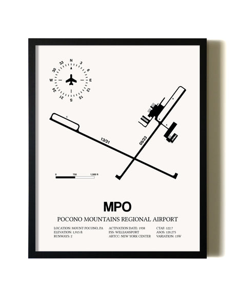 Framed Pocono Mountains Regional Airport wall art poster in black frame