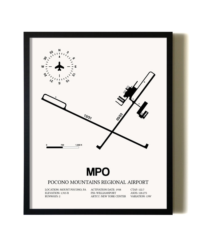 Framed Pocono Mountains Regional Airport wall art poster in black frame
