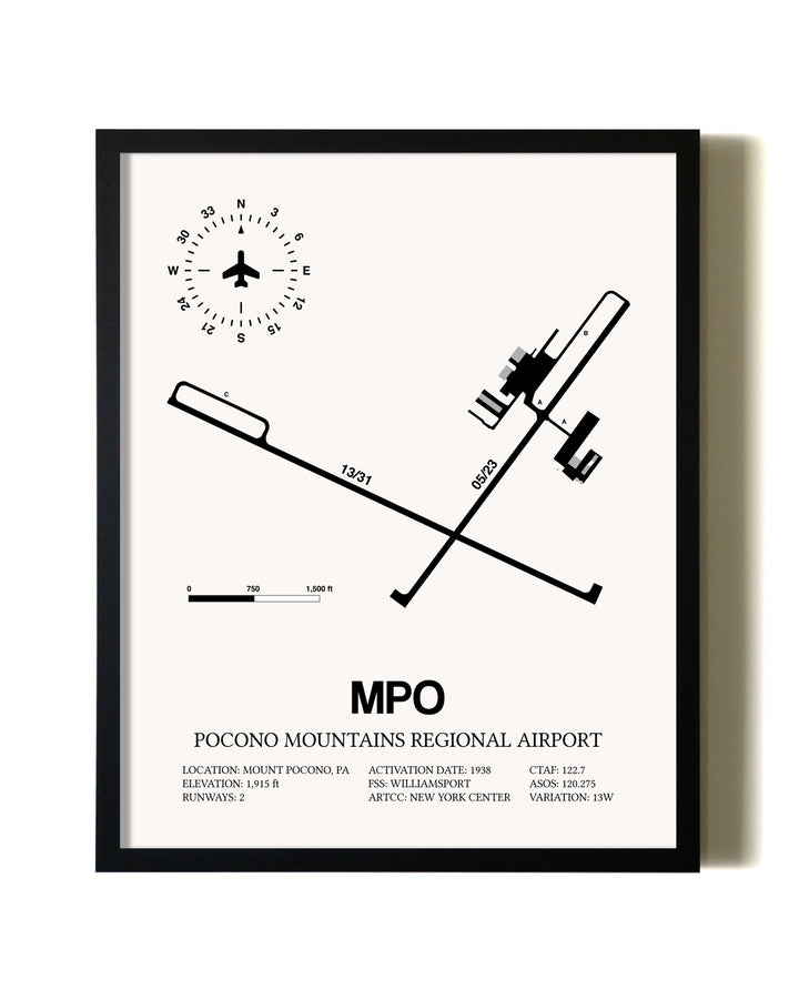 Framed Pocono Mountains Regional Airport wall art poster in black frame
