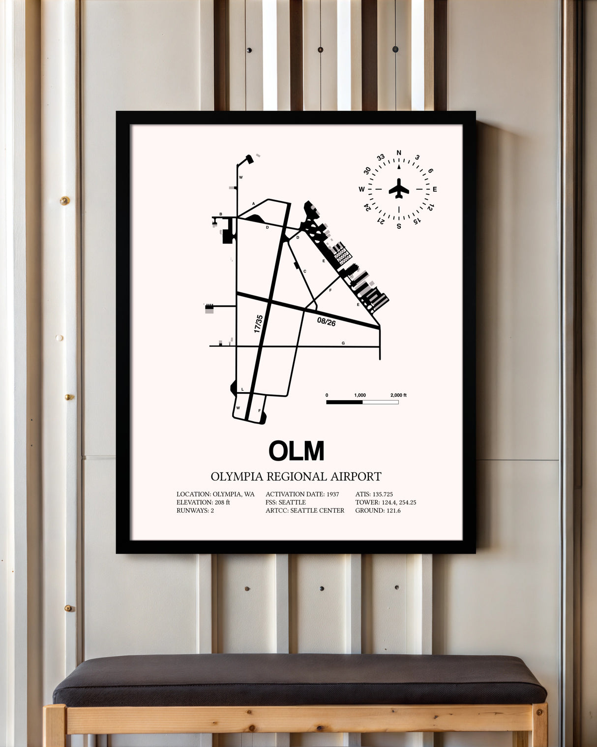 Olympia Regional Airport framed poster displayed in an airplane hangar