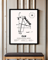 Olympia Regional Airport framed poster displayed in an airplane hangar