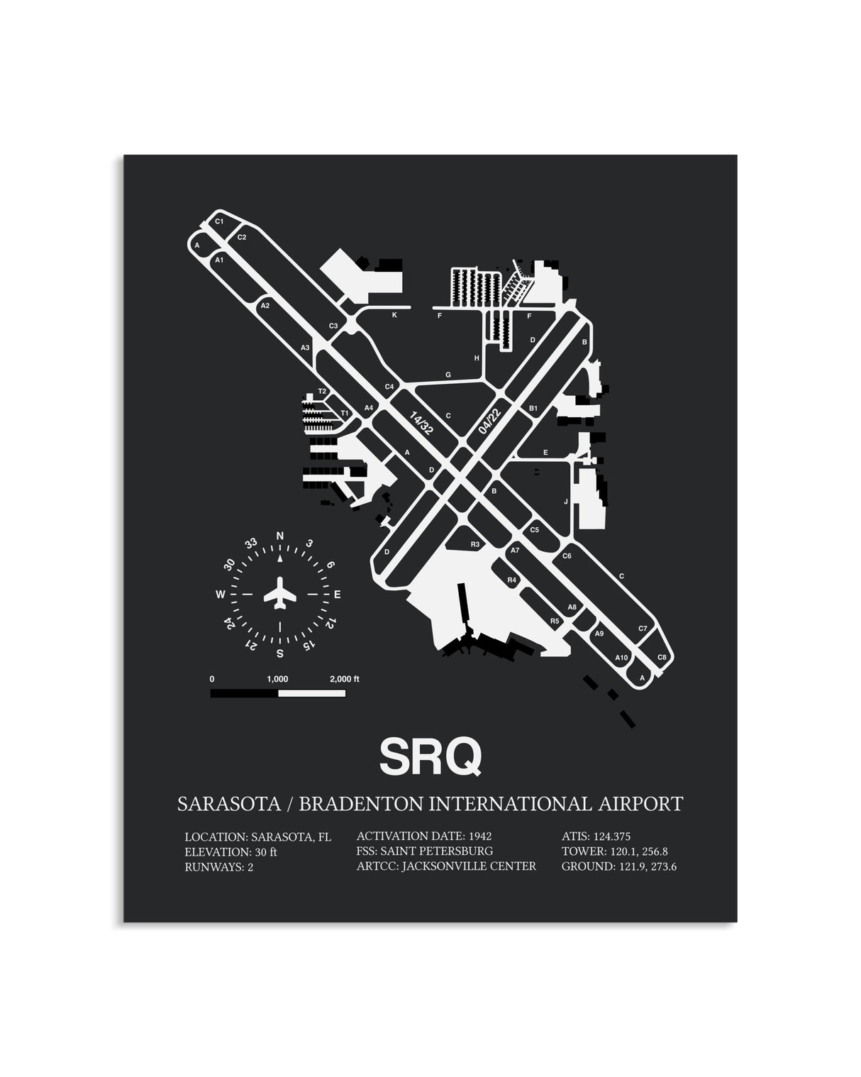 Gray Framed Sarasota / Bradenton International Airport layout wall art poster