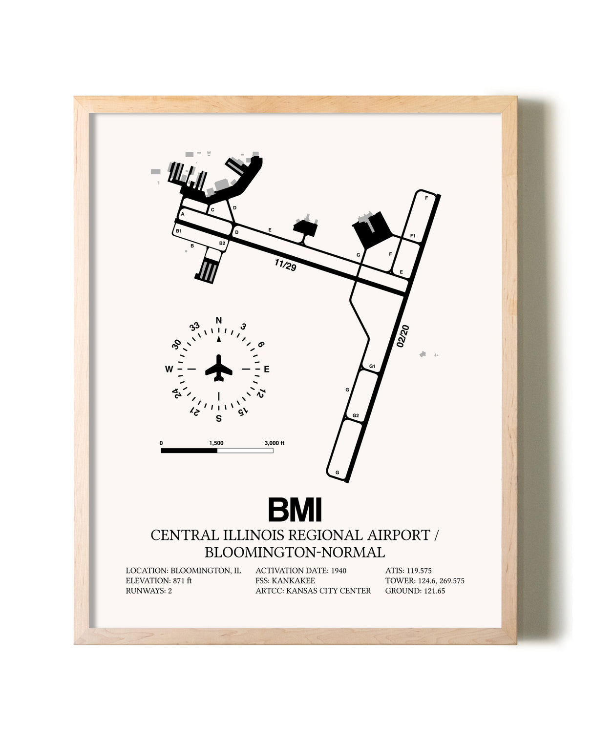 Central Illinois Regional Airport / Bloomington-Normal framed wall art in white frame