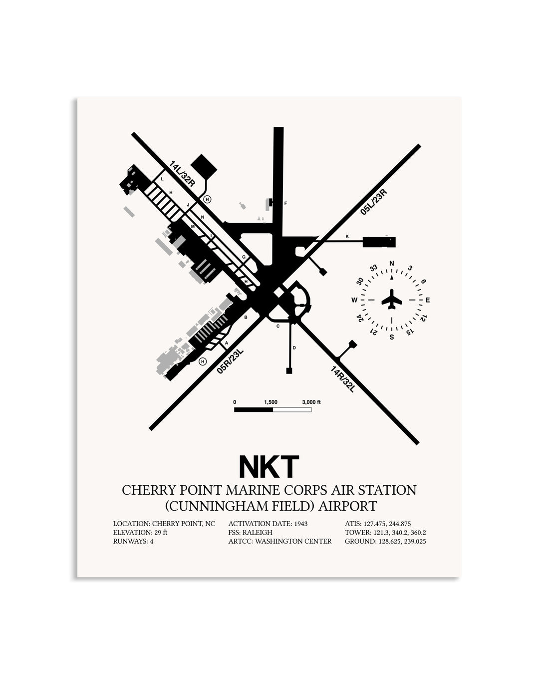 Gray Cherry Point Marine Corps Air Station (Cunningham Field) Airport framed poster displayed in an airplane hangar