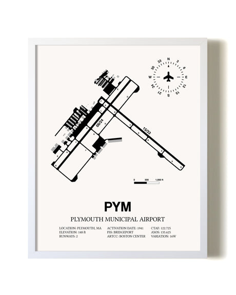 Plymouth Municipal Airport airport map poster in oak frame