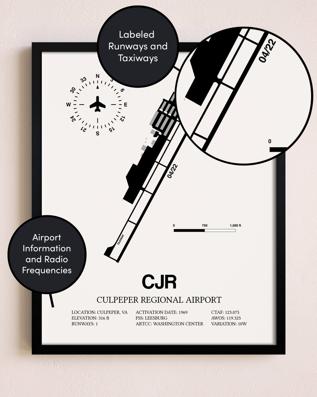 Framed Culpeper Regional Airport layout wall art poster