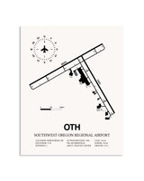 Gray Southwest Oregon Regional Airport framed poster displayed in an airplane hangar