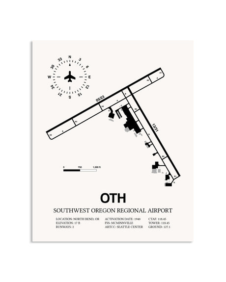 Gray Southwest Oregon Regional Airport framed poster displayed in an airplane hangar