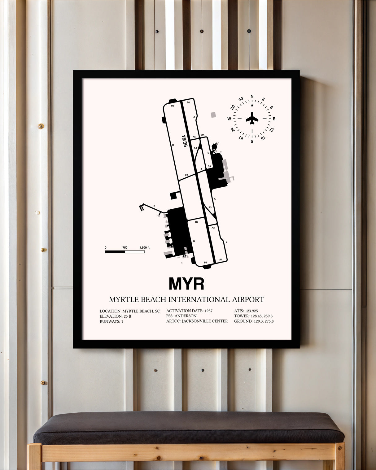 Myrtle Beach International Airport framed poster displayed in an airplane hangar