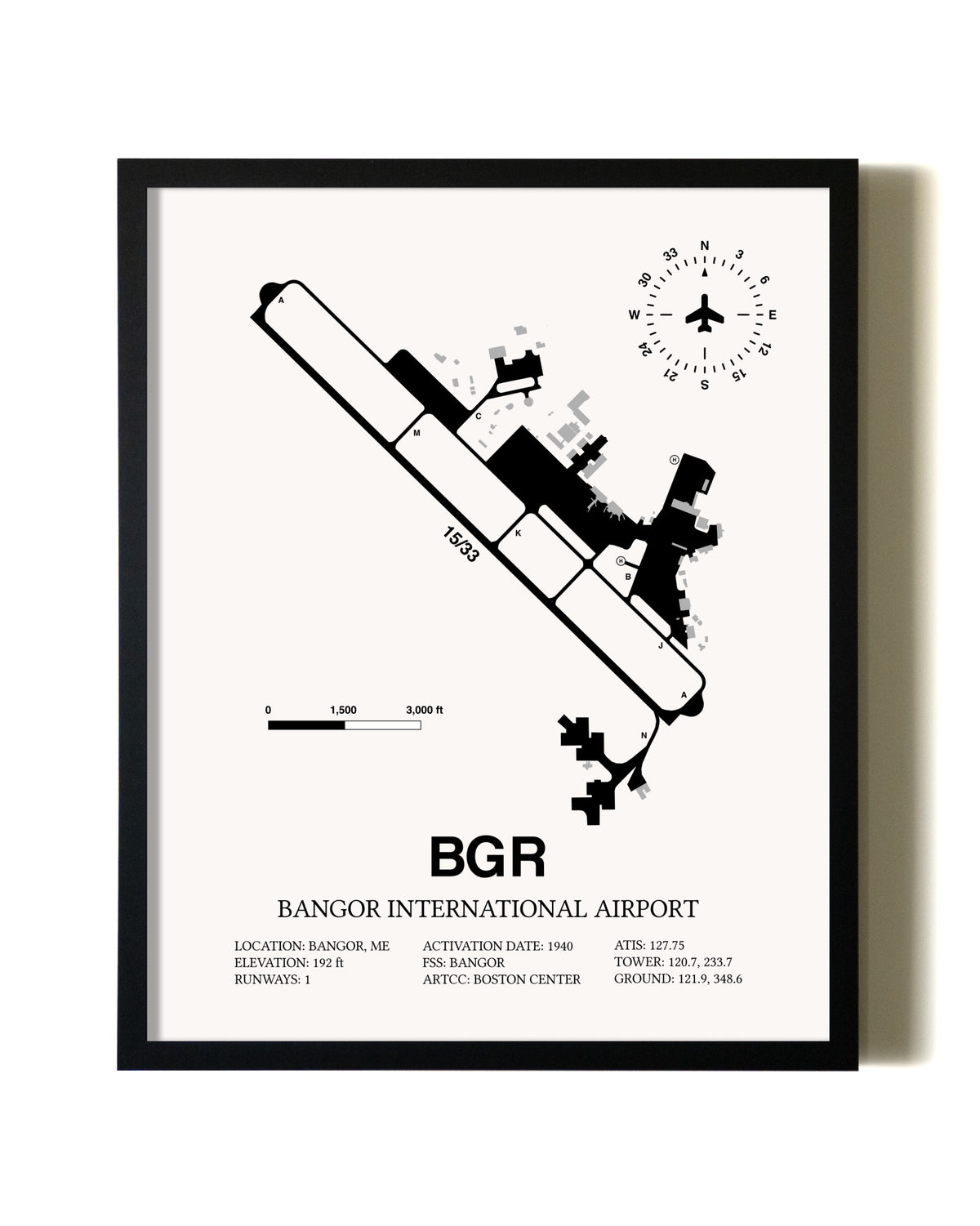 Framed Bangor International Airport wall art poster in black frame