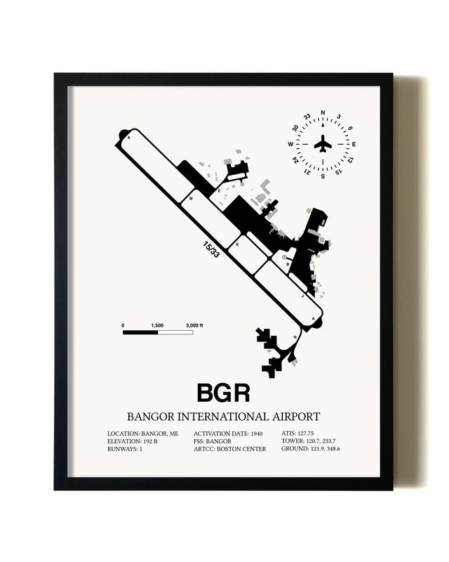 Framed Bangor International Airport wall art poster in black frame