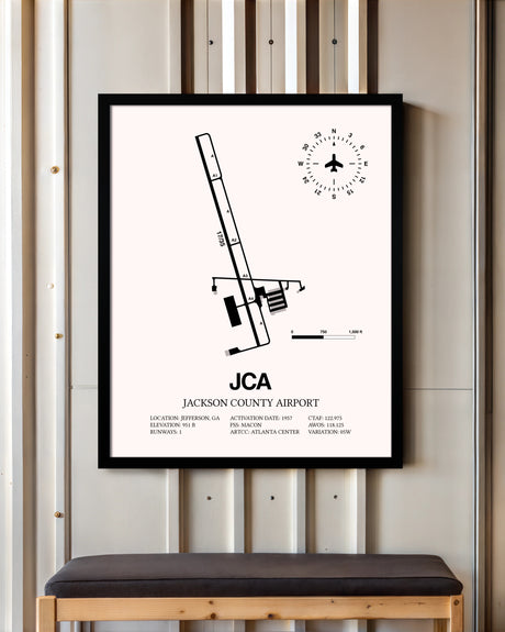 Jackson County Airport framed poster displayed in an airplane hangar