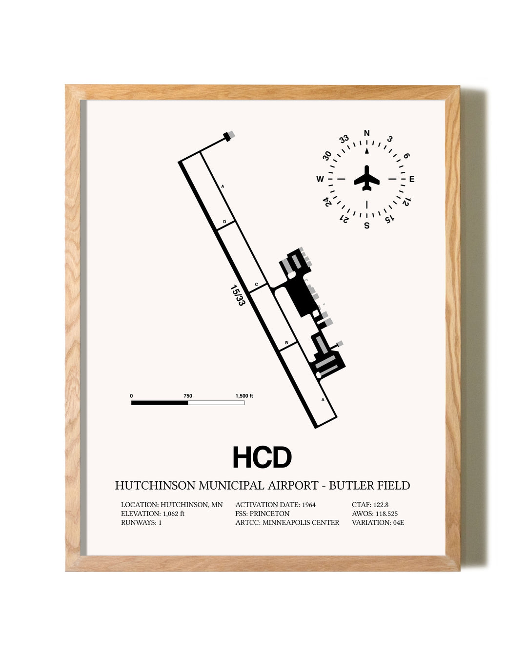 Hutchinson Municipal Airport-Butler Field framed print in natural wood frame