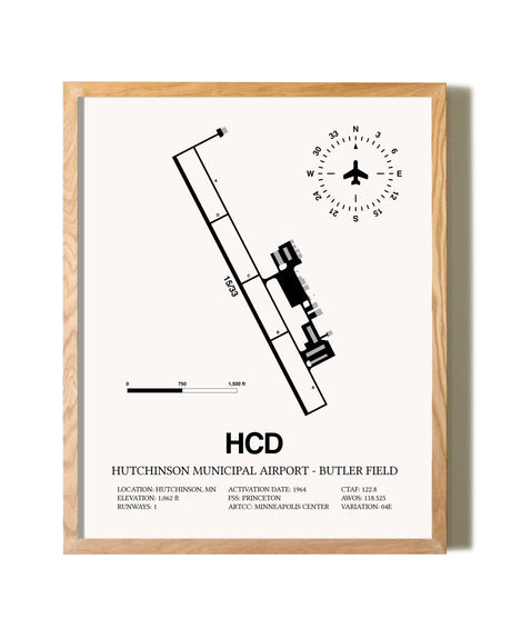 Hutchinson Municipal Airport-Butler Field framed print in natural wood frame