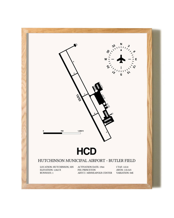 Hutchinson Municipal Airport-Butler Field framed print in natural wood frame