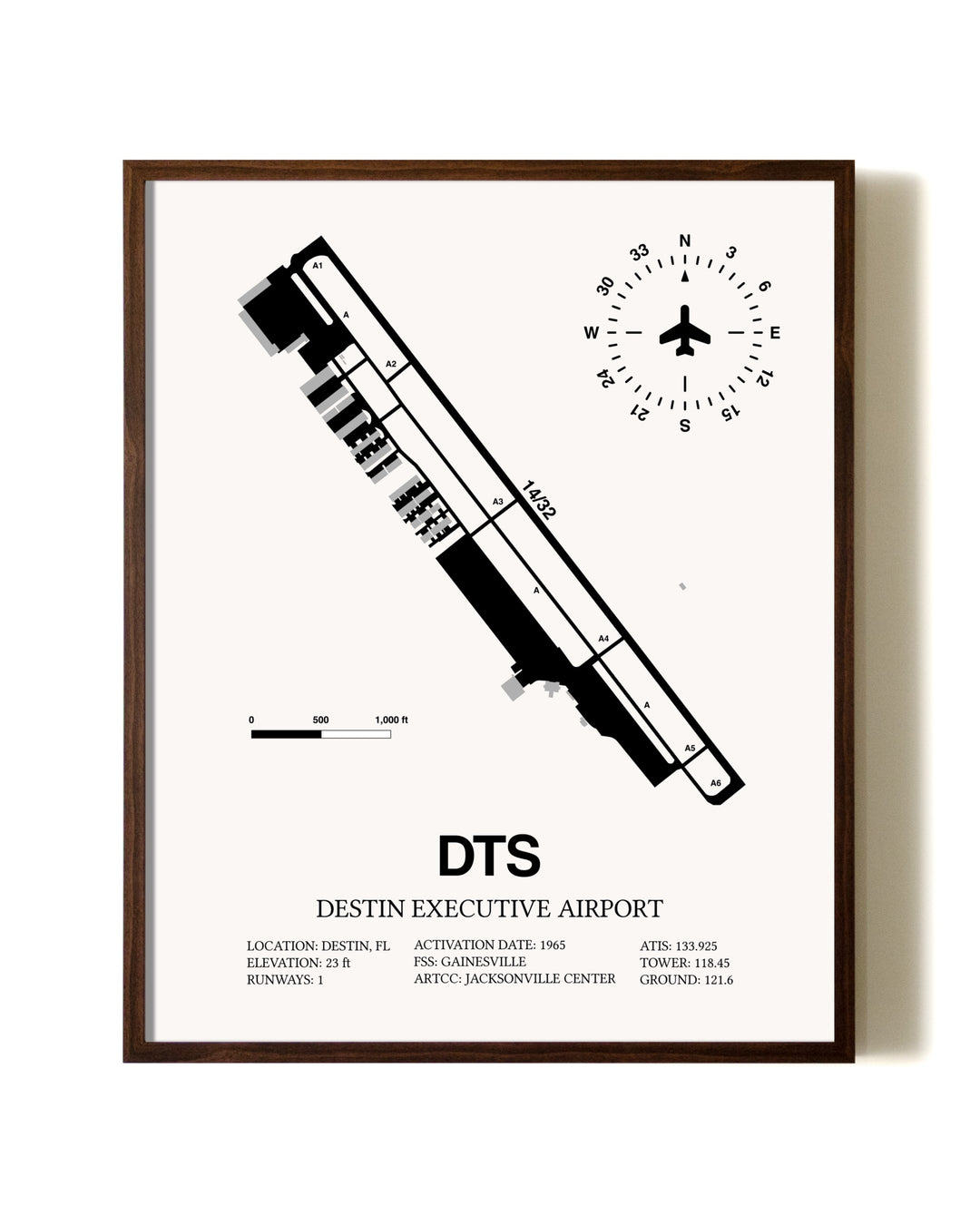 Destin Executive Airport aviation print in walnut frame