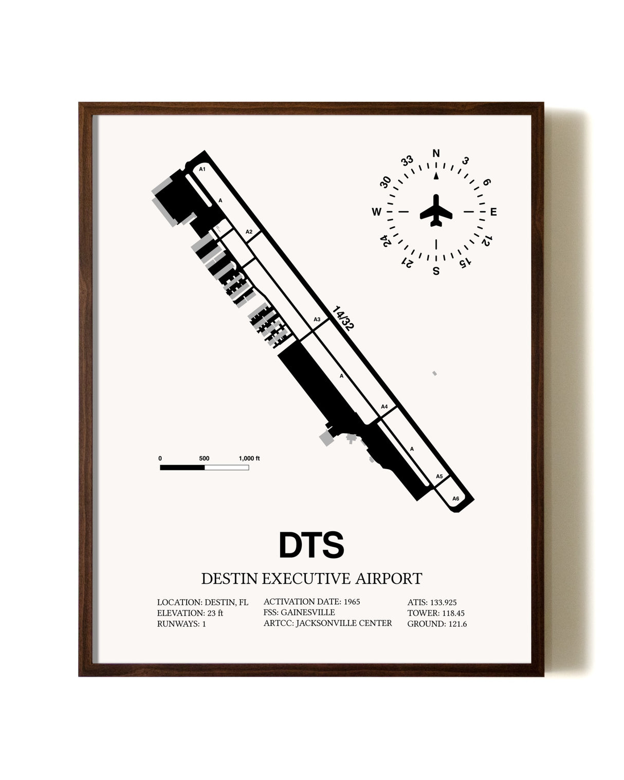 Destin Executive Airport aviation print in walnut frame