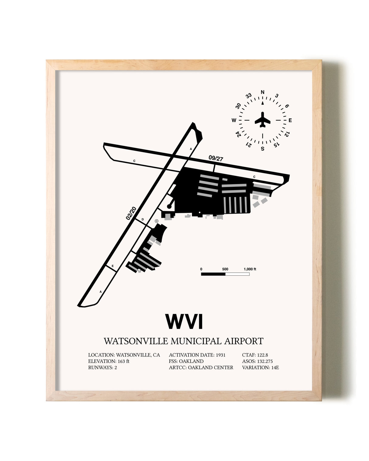 Watsonville Municipal Airport framed wall art in white frame