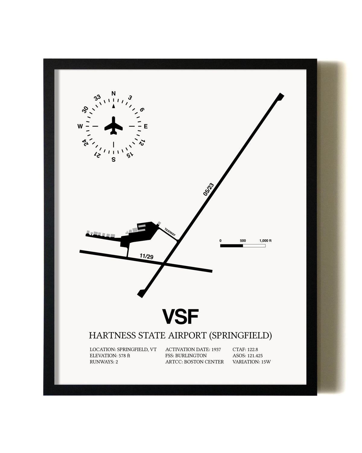 Framed Hartness State Airport (Springfield) wall art poster in black frame