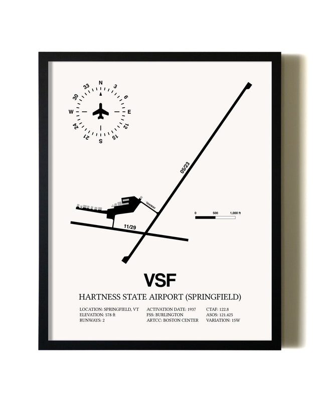Framed Hartness State Airport (Springfield) wall art poster in black frame