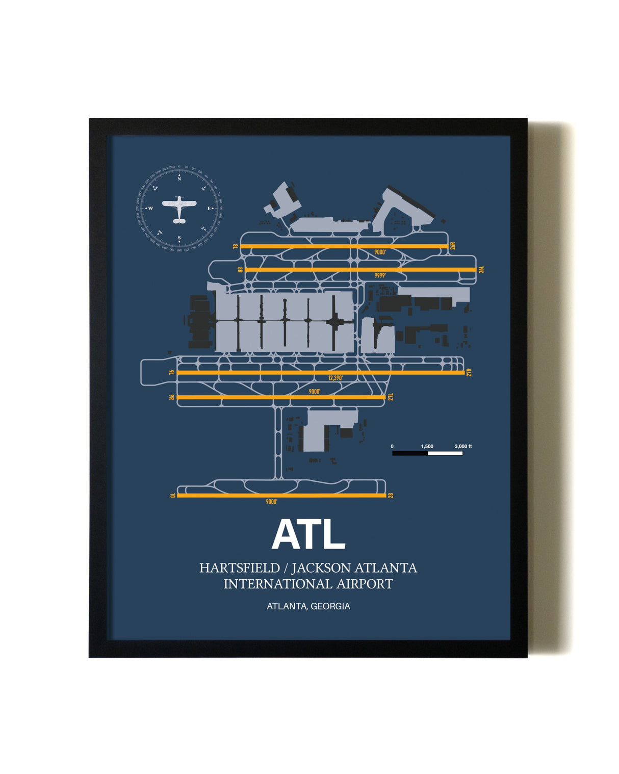 Blue and Yellow Framed Hartsfield/Jackson Atlanta International Airport wall art poster in black frame