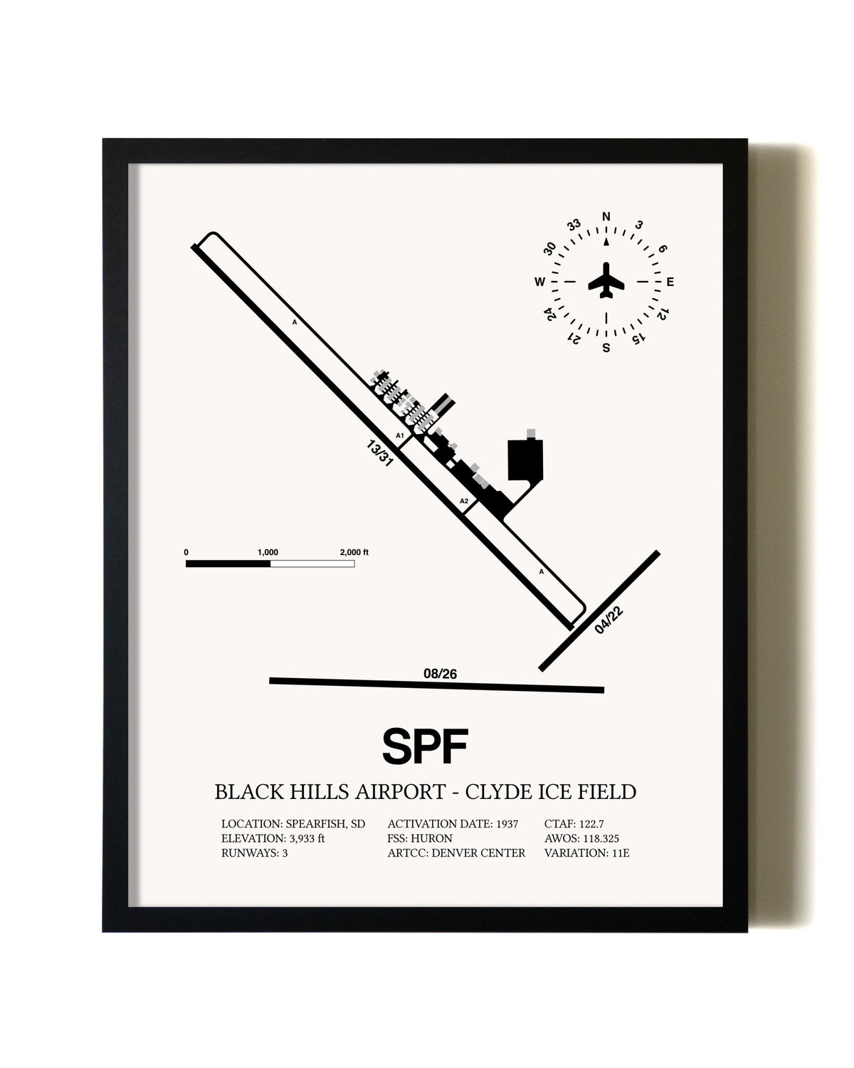 Framed Black Hills Airport-Clyde Ice Field wall art poster in black frame