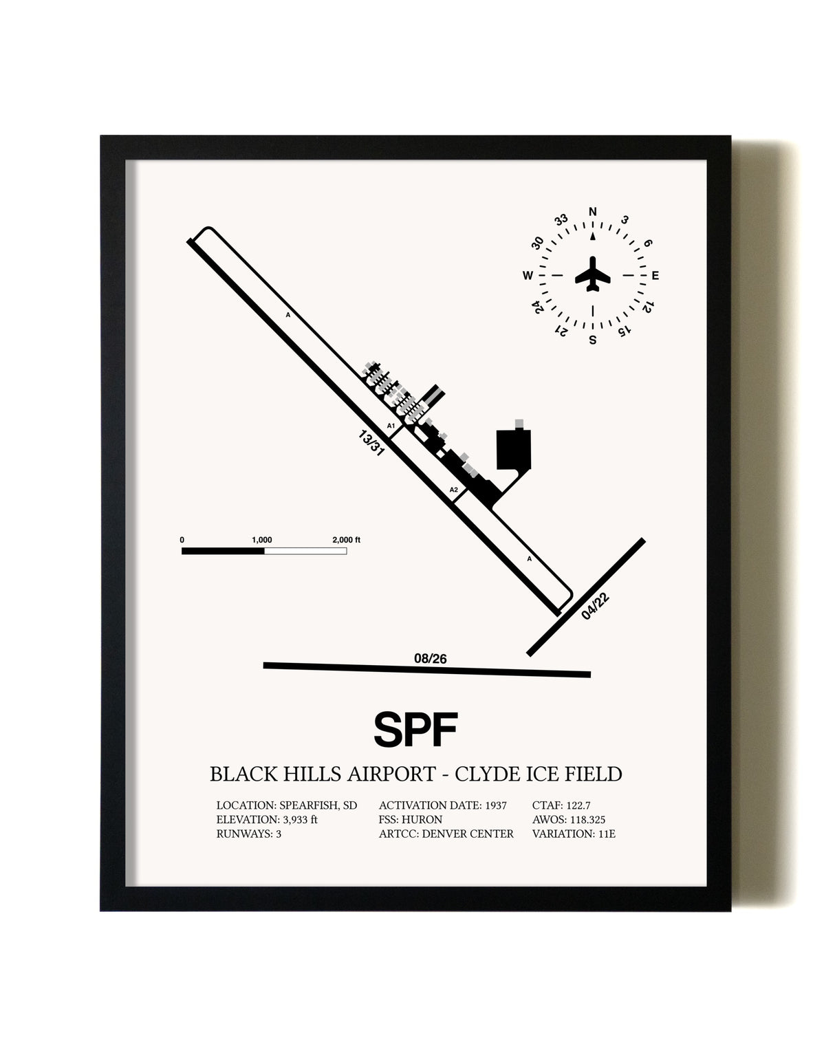 Framed Black Hills Airport-Clyde Ice Field wall art poster in black frame