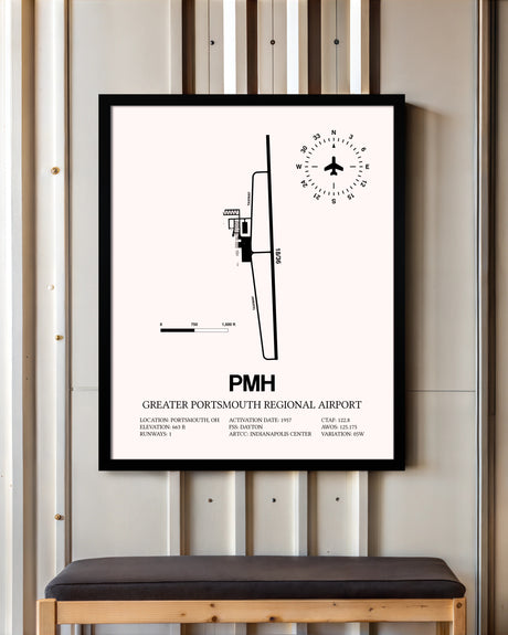 Greater Portsmouth Regional Airport framed poster displayed in an airplane hangar