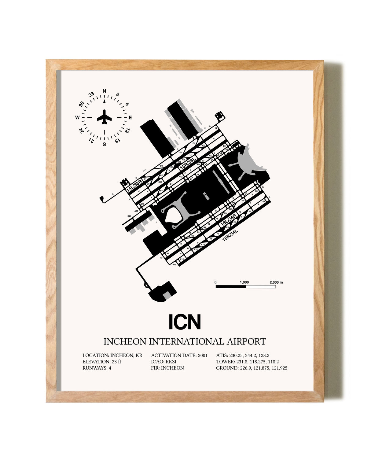Incheon International Airport framed print in natural wood frame